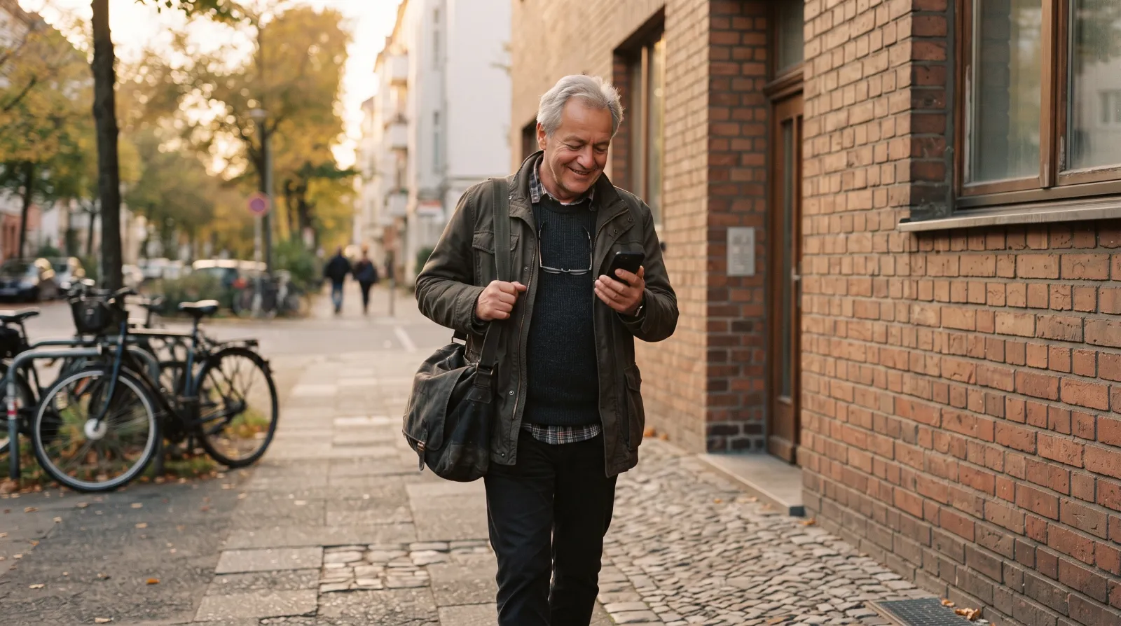 Älterer Mann verlässt am Abend mit Tasche und Jacke seinen Arbeitsplatz und schaut auf sein Smartphone