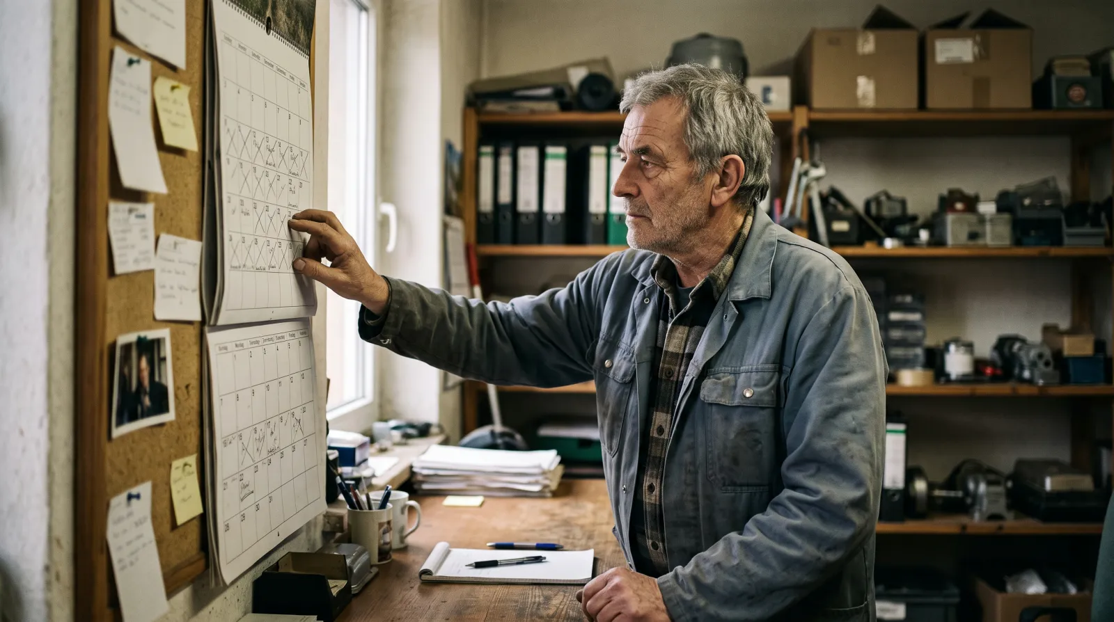 Mann um die 68 steht nachdenklich vor einem Wandkalender in einem kleinen Werkstattbüro