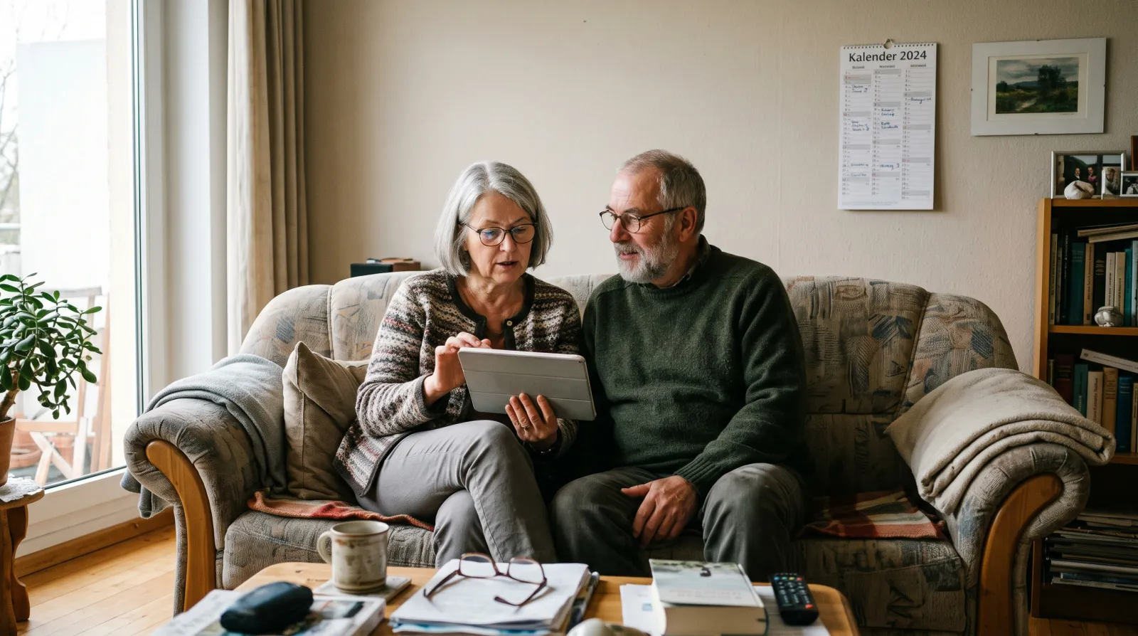 Paar um die 65 auf dem Sofa, eine Person hält ein Tablet, die andere hört zu